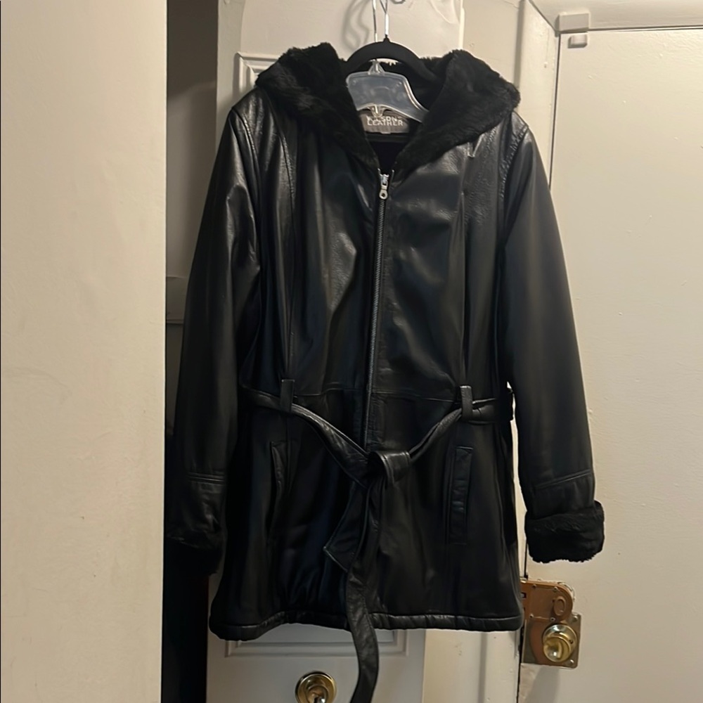 Wilsons Leather Black Hooded coat with Belt and faux fur insides